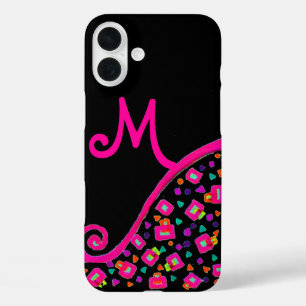 PINK FUCHSIA BLACK ABSTRACT DECO MONOGRAM iPhone 16 PLUS CASE