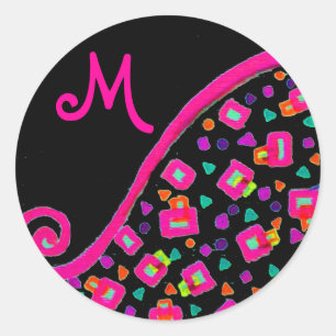 PINK FUCHSIA BLACK ABSTRACT DECO MONOGRAM CLASSIC ROUND STICKER
