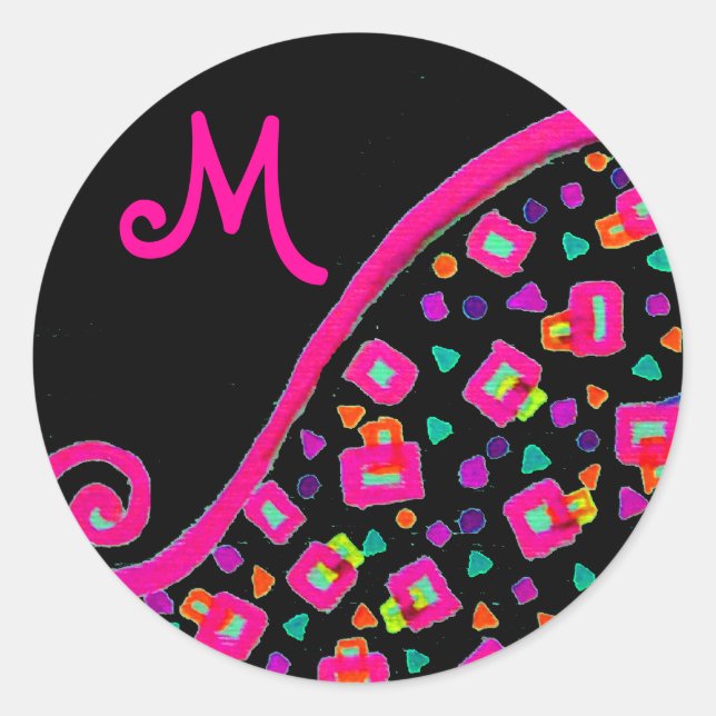 PINK FUCHSIA BLACK ABSTRACT DECO MONOGRAM CLASSIC ROUND STICKER (Front)
