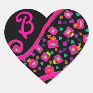 PINK FUCHSIA BLACK ABSTRACT DECO MONOGRAM HEART STICKER