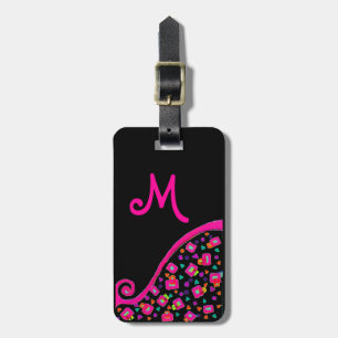 PINK FUCHSIA BLACK ABSTRACT DECO MONOGRAM LUGGAGE TAG