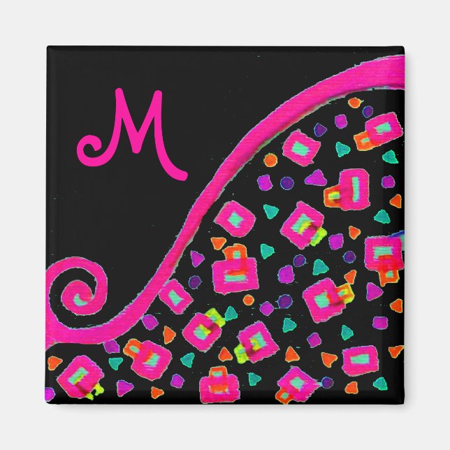 PINK FUCHSIA BLACK ABSTRACT DECO MONOGRAM MAGNET (Front)
