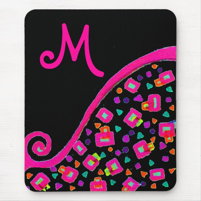 PINK FUCHSIA BLACK ABSTRACT DECO MONOGRAM MOUSE MAT (Front)