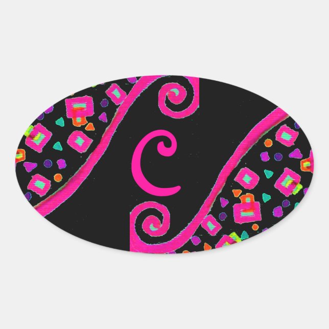 PINK FUCHSIA BLACK ABSTRACT DECO MONOGRAM OVAL STICKER (Front)