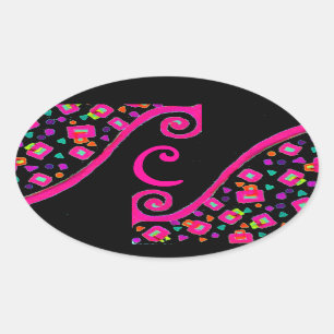 PINK FUCHSIA BLACK ABSTRACT DECO MONOGRAM OVAL STICKER