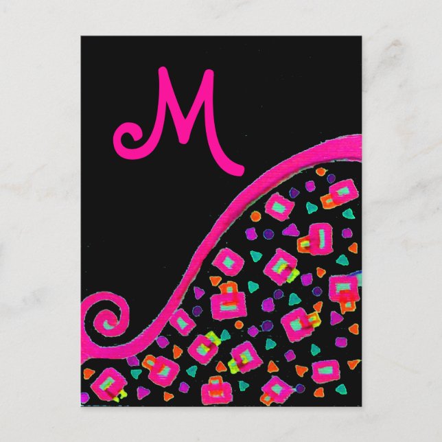 PINK FUCHSIA BLACK ABSTRACT DECO MONOGRAM POSTCARD (Front)