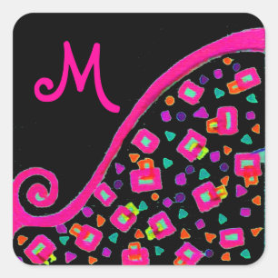 PINK FUCHSIA BLACK ABSTRACT DECO MONOGRAM SQUARE STICKER