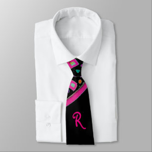 PINK FUCHSIA BLACK ABSTRACT DECO MONOGRAM TIE