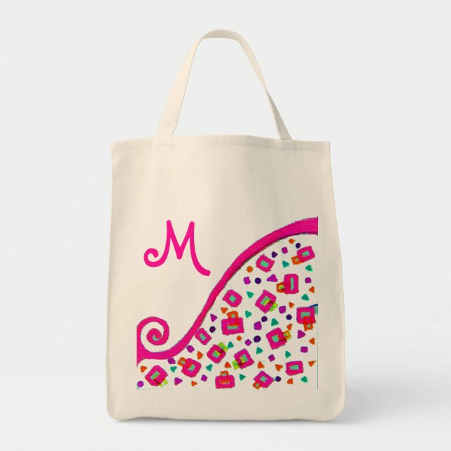 PINK FUCHSIA BLACK ABSTRACT DECO MONOGRAM TOTE BAG (Front)