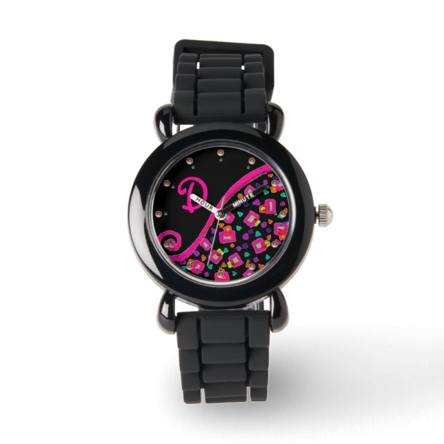 PINK FUCHSIA BLACK ABSTRACT DECO MONOGRAM WATCH (Front)