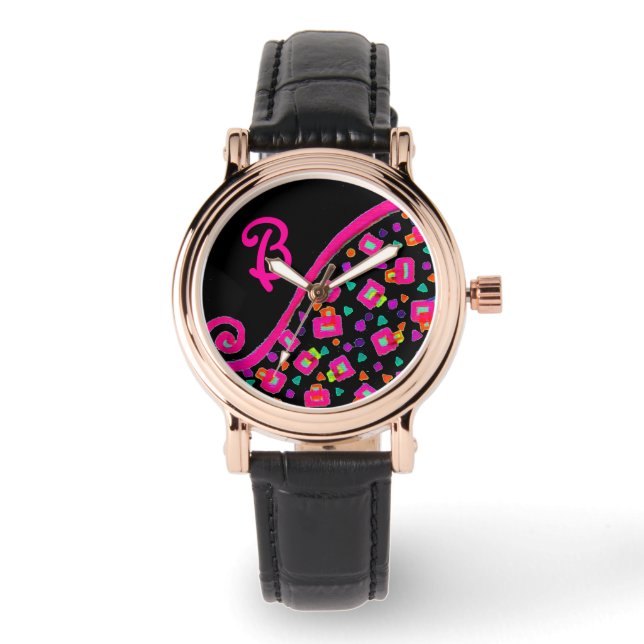 PINK FUCHSIA BLACK ABSTRACT DECO MONOGRAM WATCH (Front)
