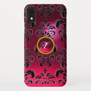 PINK FUCHSIA BLACK DAMASK GEM MONOGRAM iPhone XR CASE