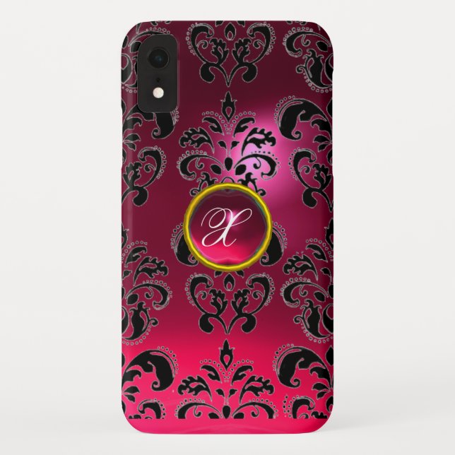 PINK FUCHSIA BLACK DAMASK GEM MONOGRAM Case-Mate iPhone CASE (Back)
