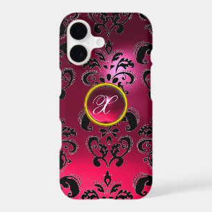 PINK FUCHSIA BLACK DAMASK GEMSTONE MONOGRAM