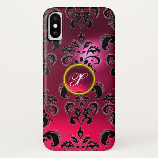 PINK FUCHSIA BLACK DAMASK GEMSTONE MONOGRAM Case-Mate iPhone CASE (Back)