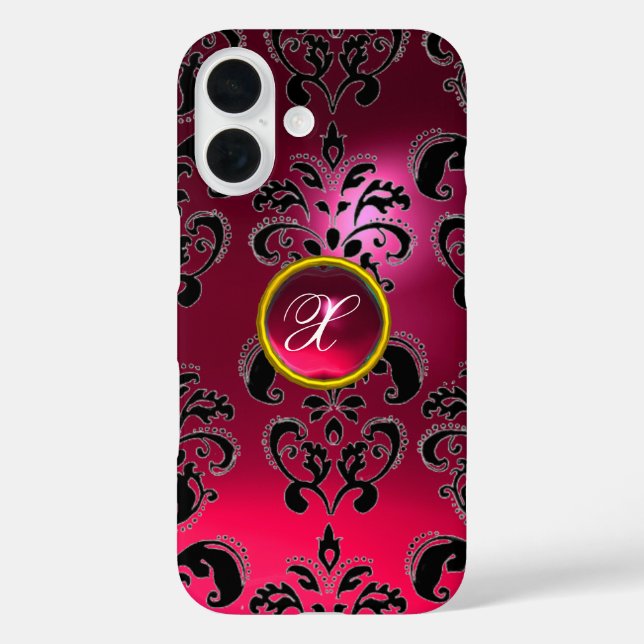 PINK FUCHSIA BLACK DAMASK GEMSTONE MONOGRAM Case-Mate iPhone CASE (Back)