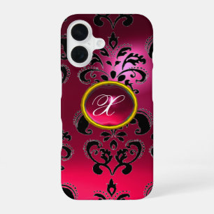PINK FUCHSIA BLACK DAMASK GEMSTONE MONOGRAM iPhone 16 CASE