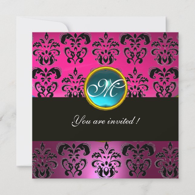 PINK FUCHSIA BLACK DAMASK MONOGRAM,blue aquamarine Invitation (Front)