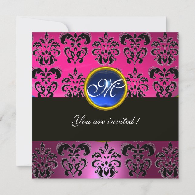 PINK FUCHSIA BLACK DAMASK MONOGRAM, blue sapphire Invitation (Front)