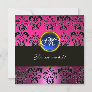 PINK FUCHSIA BLACK DAMASK MONOGRAM, blue sapphire Invitation