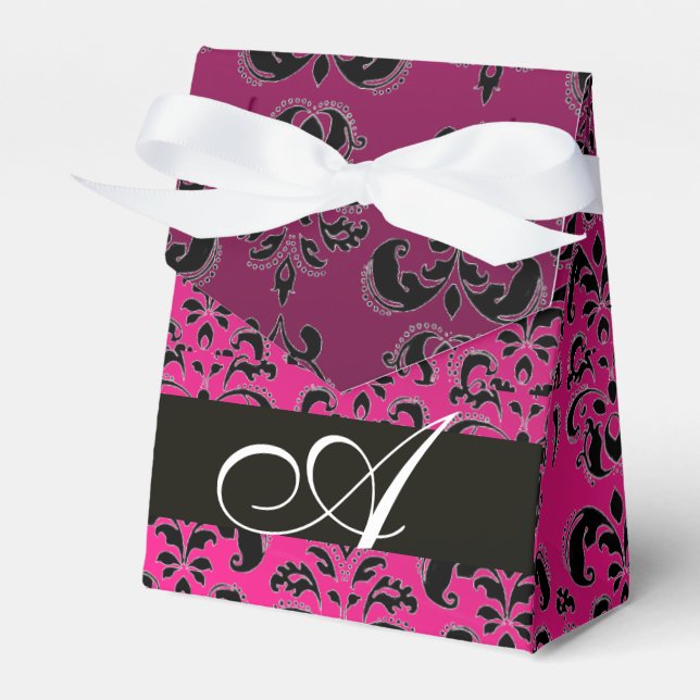 PINK, FUCHSIA BLACK,PURPLE DAMASK WEDDING MONOGRAM FAVOUR BOX (Front Side)