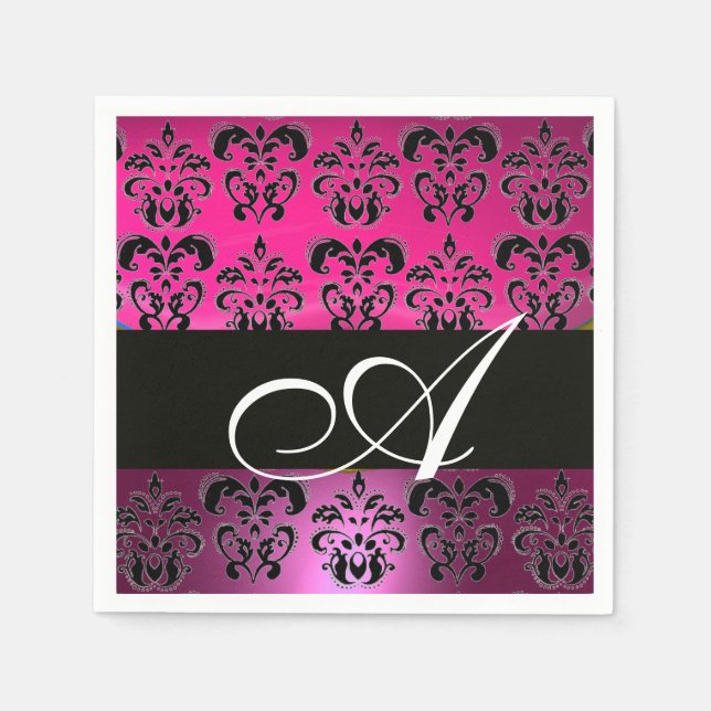 PINK, FUCHSIA BLACK,PURPLE DAMASK WHITE MONOGRAM NAPKIN (Front)