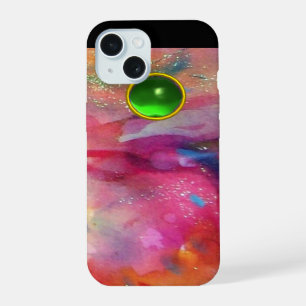 PINK FUCHSIA BLUE ABSTRACT Green Emerald Gemstone iPhone 15 Case