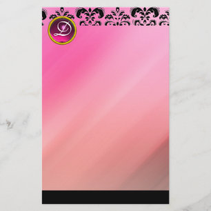 PINK FUCHSIA DAMASK AMETHYST GEM STONE MONOGRAM STATIONERY