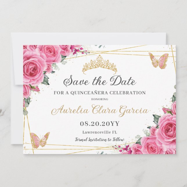 Pink Fuchsia Floral Gold Quinceanera Sweet Sixteen Save The Date (Front)