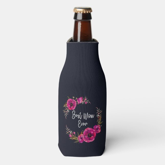 Pink Fuchsia Floral Poppies Wreath Best Mum Ever Bottle Cooler (Bottle Front)