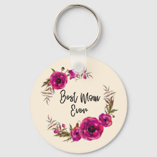 Pink Fuchsia Floral Poppies Wreath Best Mum Ever Key Ring