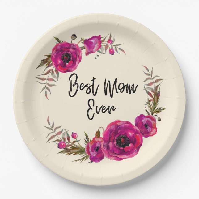 Pink Fuchsia Floral Poppies Wreath  Best Mum Ever Paper Plate (Front)