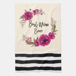Pink Fuchsia Floral Poppies Wreath  Best Mum Ever Tea Towel