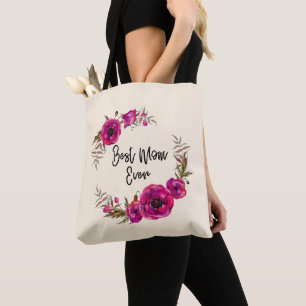 Pink Fuchsia Floral Poppies Wreath  Best Mum Ever Tote Bag