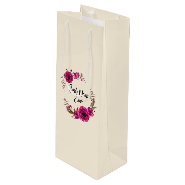 Pink Fuchsia Floral Poppies Wreath Best Mum Ever Wine Gift Bag (Front Angled)