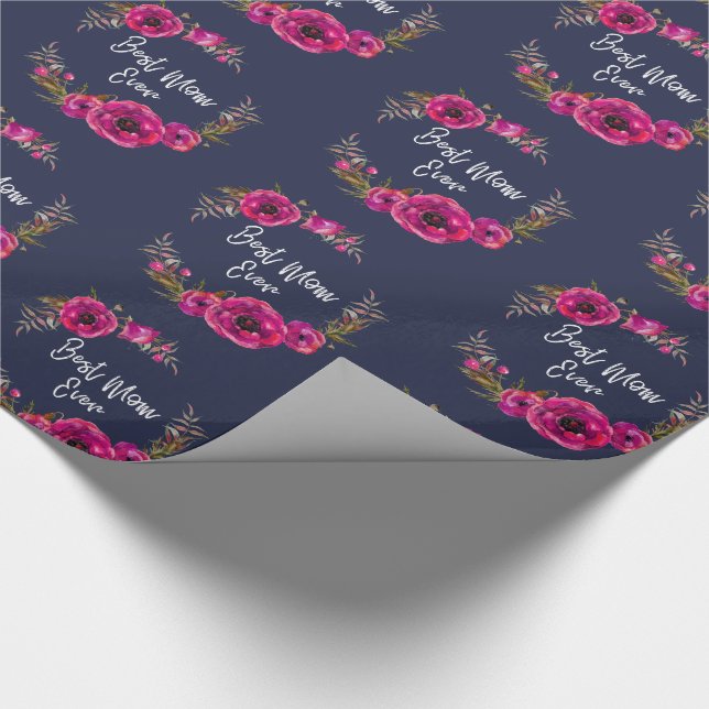 Pink Fuchsia Floral Poppies Wreath Best Mum Ever Wrapping Paper (Corner)