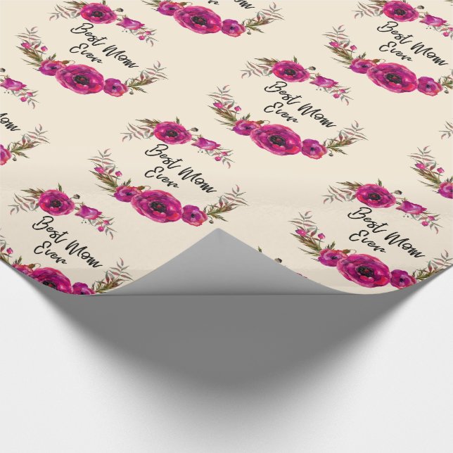 Pink Fuchsia Floral Poppies Wreath Best Mum Ever Wrapping Paper (Corner)