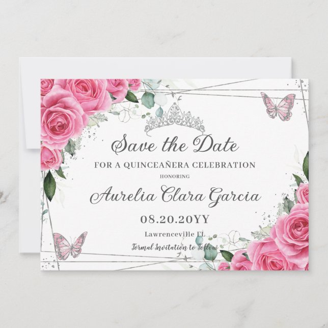 Pink Fuchsia Floral Silver Quinceanera XV Sweet 16 Save The Date (Front)