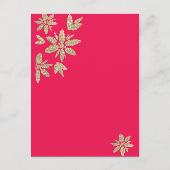 Pink fuchsia invitation with gold sparkle flowers (Front)