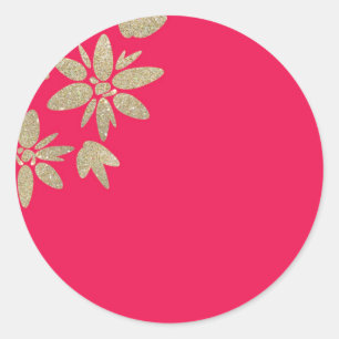 Pink fuchsia invitation with gold sparkle flowers classic round sticker