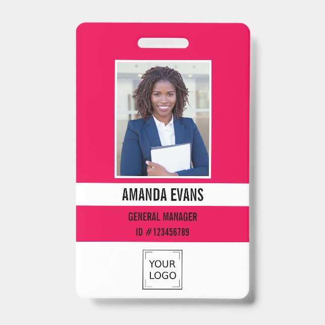 Pink Fuchsia Photo Employee Logo  QR CODE Security ID Badge (Front)