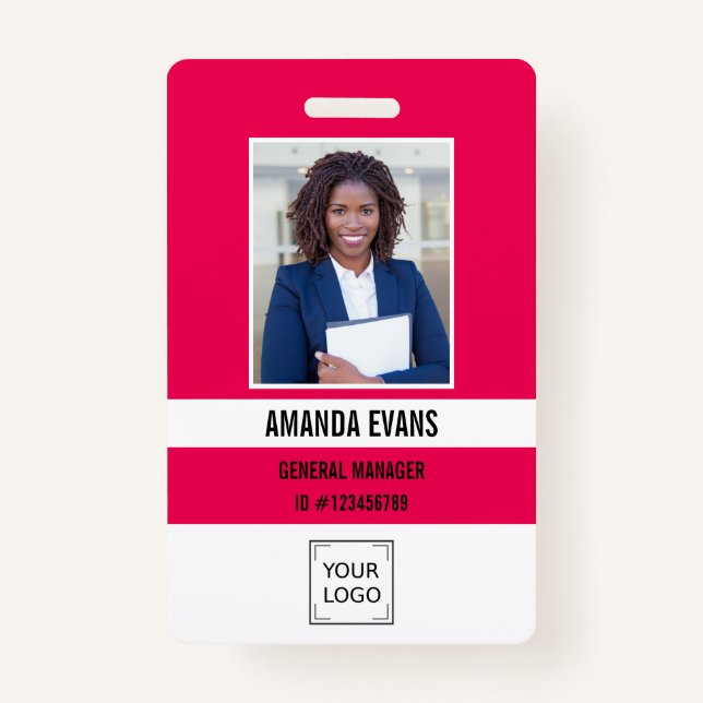 Pink Fuchsia Photo Employee Logo  QR CODE Security ID Badge (Front)