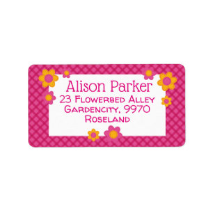 Pink fuchsia plaid pattern stiched flowers spring label