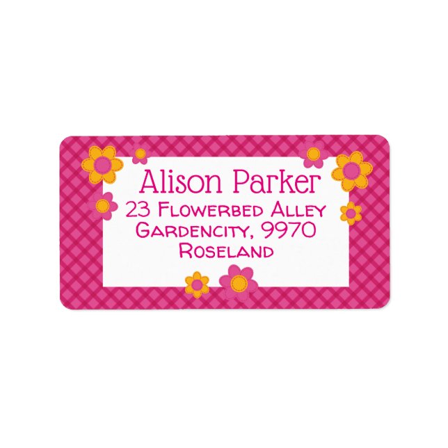 Pink fuchsia plaid pattern stiched flowers spring label (Front)