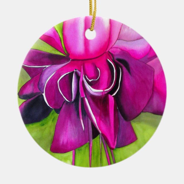 Pink Fuchsia pop art watercolour flower Ceramic Tree Decoration (Front)