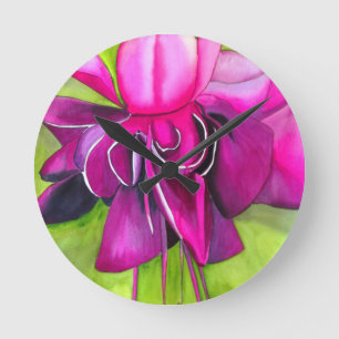 Pink Fuchsia pop art watercolour flower Round Clock
