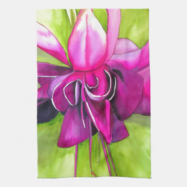 Pink Fuchsia pop art watercolour flower Tea Towel (Vertical)