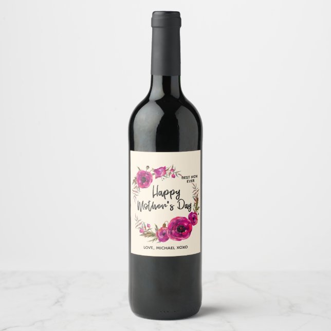 Pink Fuchsia Poppies  Best Mum Ever - Mother's Day Wine Label (Front)