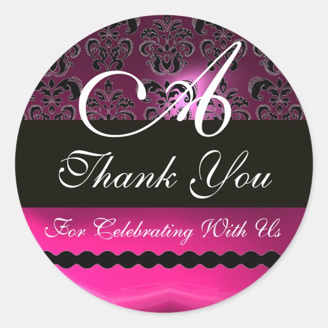 PINK FUCHSIA PURPLE DAMASK MONOGRAM, violet Classic Round Sticker (Front)