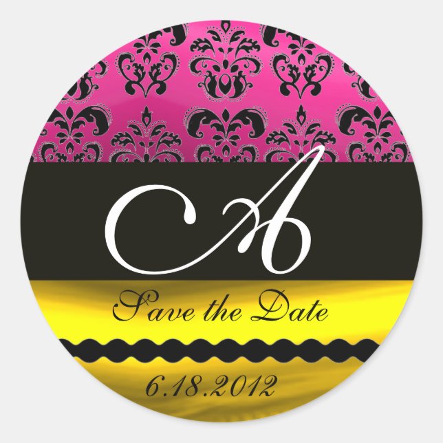 PINK FUCHSIA PURPLE GOLD BLACK DAMASK MONOGRAM CLASSIC ROUND STICKER (Front)